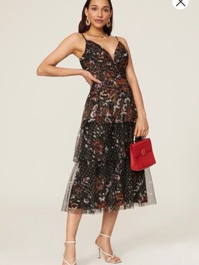 Black Floral Tiered Mesh Midi Dress with Spaghetti Straps